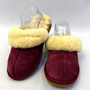 LL Bean Wicked Good Slippers Womens 6 Burgundy Suede Shearling Scuff 293107